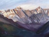 Sunset over Everest, Lhotse and Nuptse oil on cradled board 45 x 30 x 2cm POA