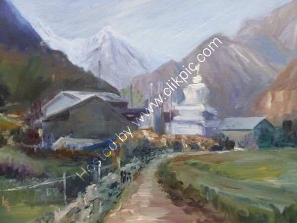 View near Sho on Manaslu trek oil on board 40 x 30cm in black frame £150