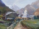 View near Sho on Manaslu trek oil on board 40 x 30cm in black frame £150