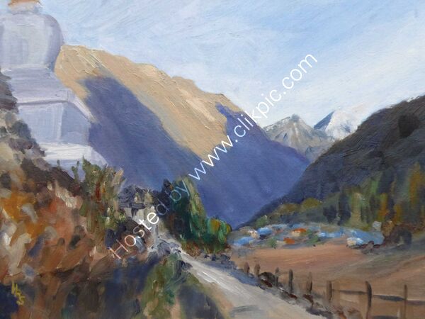 View of Lho from the Monastery oil on board, framed £150