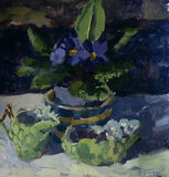 Purple Primroses and Vintage Pottery