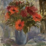 Orange and Red Flowers in a Blue Vase