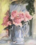 Pink Roses in a Striped Tankard