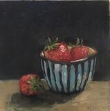 Strawberries in a Striped Bowl Oil painting of a bowl of strawberries