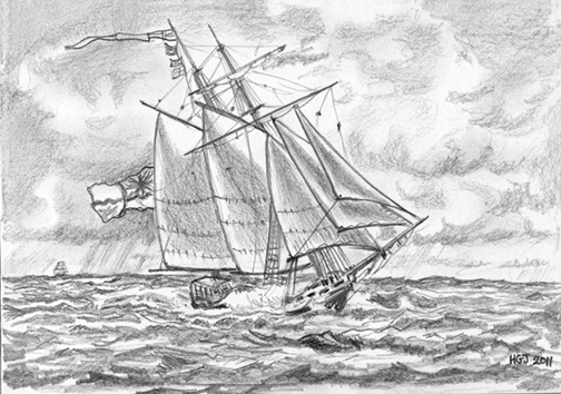 HMS Pickle under full sail.