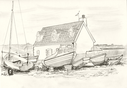 Parked Boats and Cottage, L'Eree
