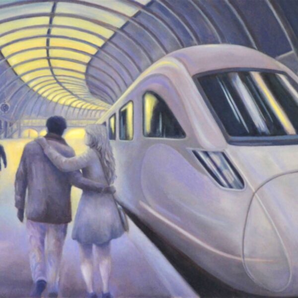 A Journey Through Time, shows a young and older couple on York Station, by Iain Will York Artist.