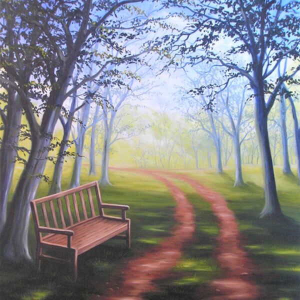 A Place to Think, a peaceful bench in a wood, by Iain Will Artist.