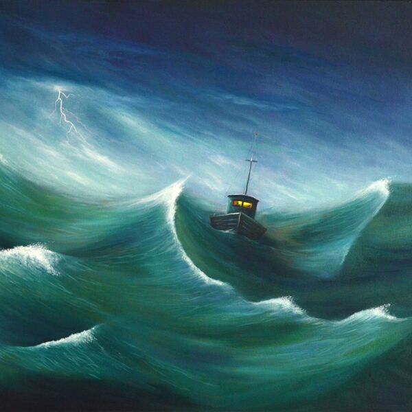Aiming For Home, a small fishing boat sailing home, by Iain Will Artist.