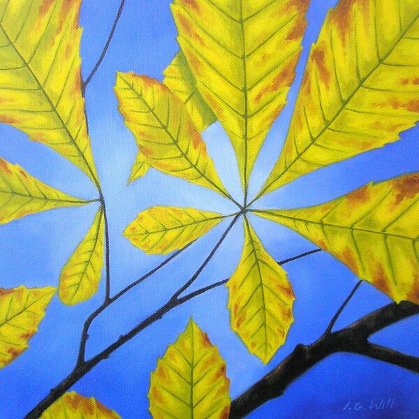 Autumn Leaves, set against a blue sky, by Iain Will Artist.