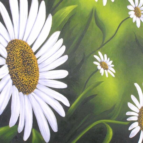 Crazy Daisies, set against a green background, a painting by Iain Will Artist.
