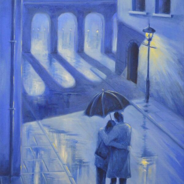 Evening Stroll, two lovers walk in the rain under an umbrella. A blue painting by Iain Will Artist.