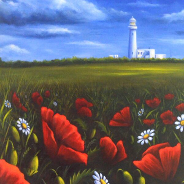Flamborough Poppies, a lighthouse next to a poppy field, by Iain Will York Artist.
