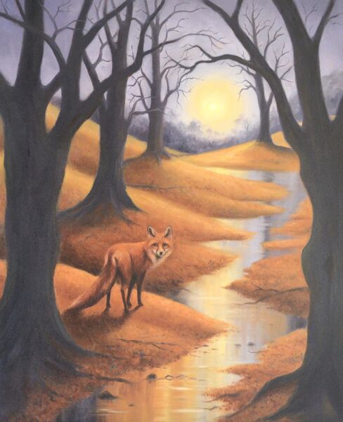 Fox in Wood, a painting of a red fox in an autumnal wood, by Iain Will York artist.