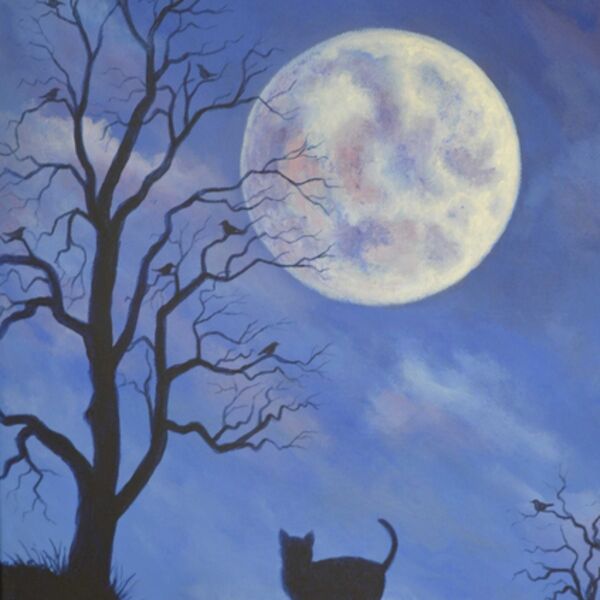 How Many Birds? A cat watching the moon and tree with mice in it, by Iain Will Artist.