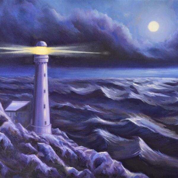 Light in the Storm, a lighthouse set against a purple sky and sea, by Iain Will Artist.