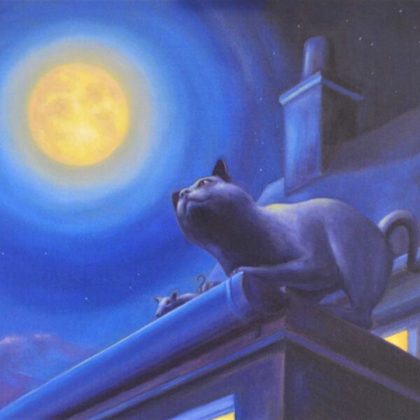Moonlight Friends, a cat and mouse on a roof, under the moon,  by Iain Will Artist