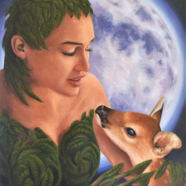 Mother Earth and Deer, a beautiful young woman admires a young deer. A painting by Iain Will Artist.