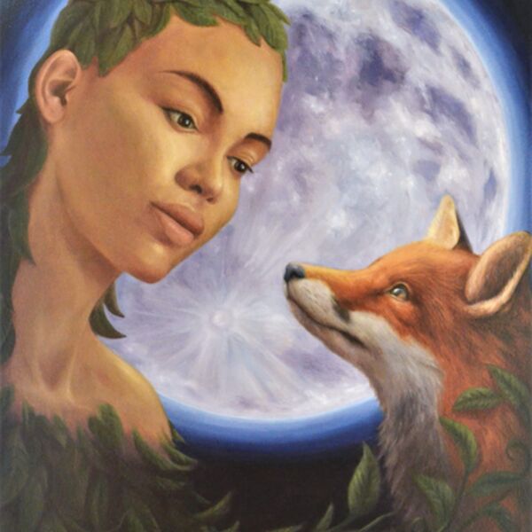 Mother Earth and Fox, a woman of colour cares for a fox, against a moon backdrop. By Iain Will Artist.