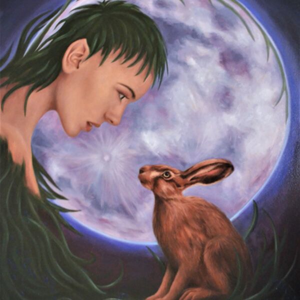 Mother Earth and Hare, a beautiful young woman cares for a hare, against a moon backdrop. By Iain Will Artist.
