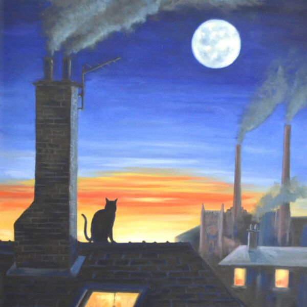 Night On The Tiles, a cat on a roof watching a sunset and moon,  by Iain Will Artist