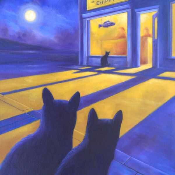 Our Plaice, three cats watching a fish and chip shop, by Iain Will Artist
