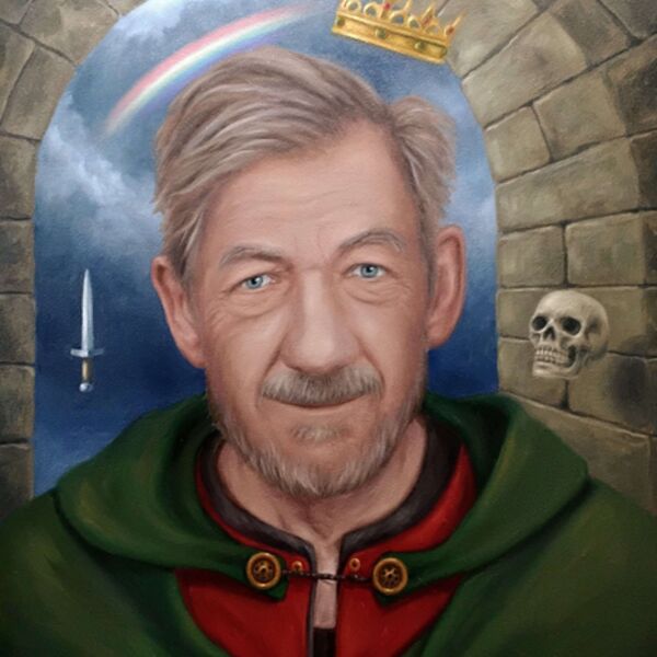 Thsi is a portrait of Sir Iain McKellen by Iain Will Artist, which portrays King Lear, Macbeth and Hamlet.