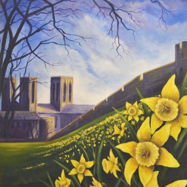 Springtime in York, daffodils on the bar walls, a painting by Iain Will York Artist.
