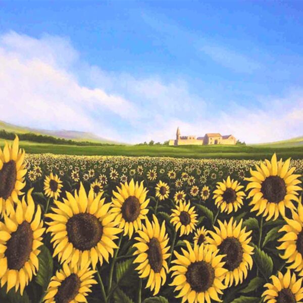 Sunflowers and the Distant Hills, a painting by Iain Will York Artist.