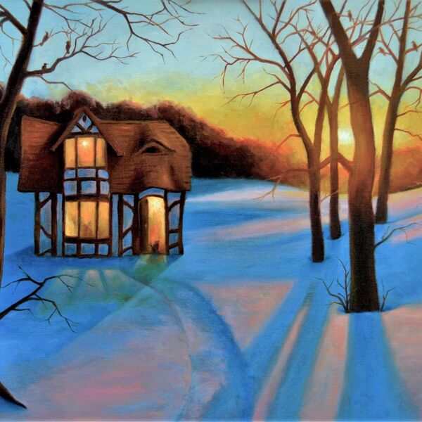 Sunset Cottage, in a snowy wood. By Iain Will York Artist.