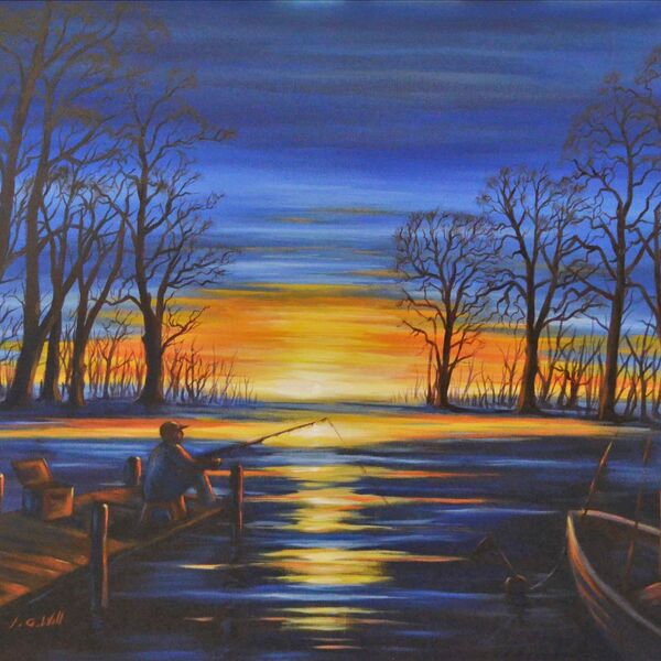 Sunset Fishing, a sunset with a man fishing from a jetty, by Iain Will York Artist.