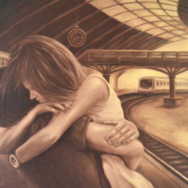 Together Again, a couple hug on York Station,  a monochrome painting by Iain Will Artist.