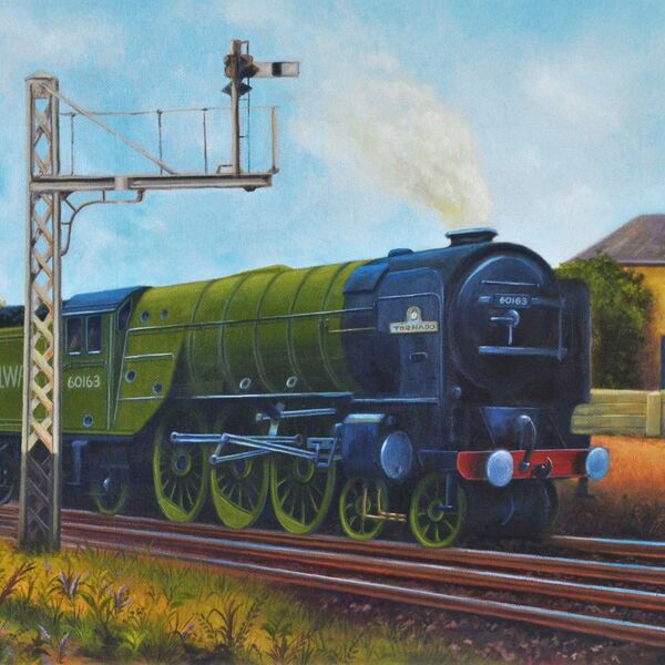 Tornado Locomotive, a train passing a York railway signal on a sunny day, by Iain Will York Artist.