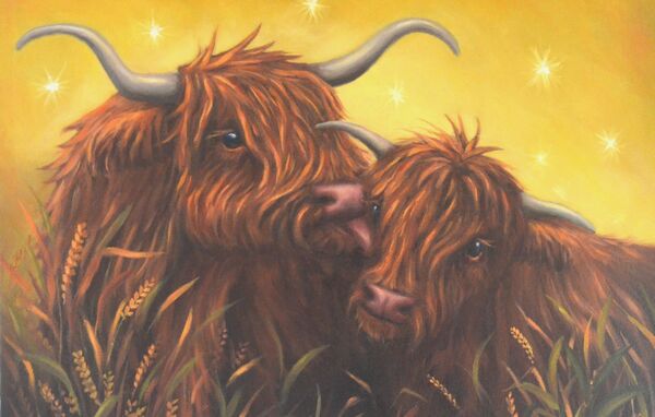 Two Highland Friends, two highland cows set against a stary yellow sky, painted by Iain Will York Artist.