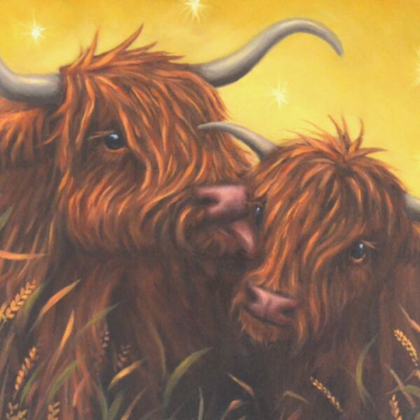 Two Highland Friends Two Highland Friends, two highland cows set against a stary yellow sky, painted by Iain Will York Artist.