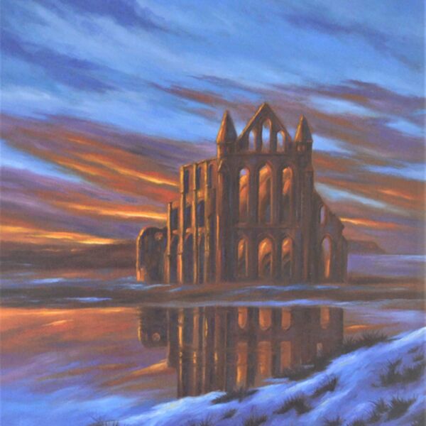 Whitby Abbey, at sunset in winter snow, a painting by Iain Will York Artist.
