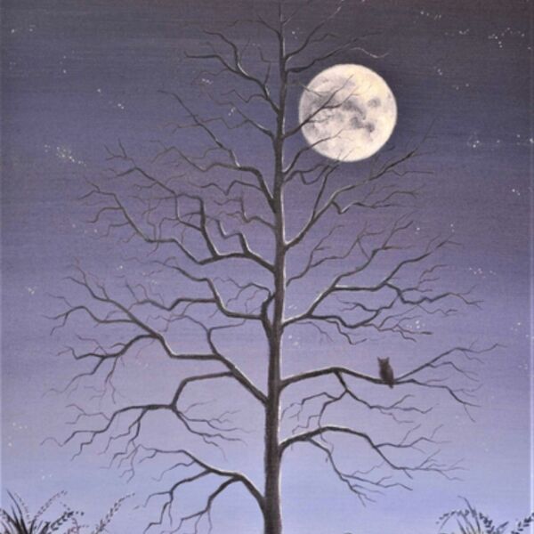 Winter's Night tree and moon with an owl,  a painting by Iain Will Artist.