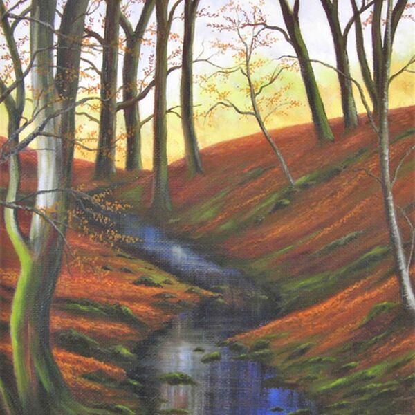 Woodland Stream, in winter with beach leaves, by Iain Will York Artist.