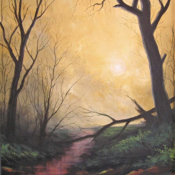 Woodland Sunset, and stream, a painting by Iain Will Artist.