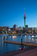 Viaduct Harbour and Sky Tower at dusk, Auckland