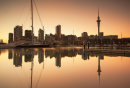 Viaduct Harbour and Auckland skyline at dawn