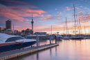 Viaduct Harbour and Auckland skyline at sunset