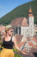 Woman enjoying view of Brasov, Romania