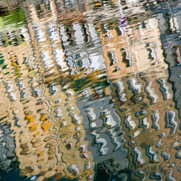 Town houses reflected in teh old basin, Honfleur, France