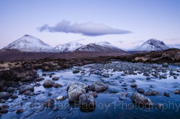 Snow covered Cuillin Mountains over the River Sligachan at twilight, Isle of Skye, Scotland
