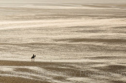 Horse rider on the beach on the Baie se la Frenaye, Brittany, France