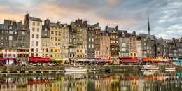Town houses and moored boats at the old port of Honfleur, Normandy, France