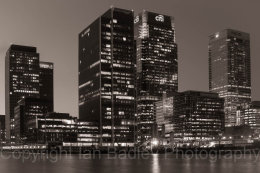 Canary Wharf buildings at twilight, London, England