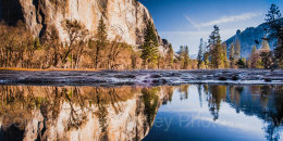 Dawn reflections in Merced River, Yosemite National Park, California, USA