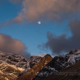 Moon and clouds over the Cuillin Mountains, Isle of Skye, Scotland